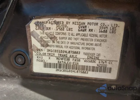 2004 Nissan Sentra 1.8S из США, поврежденный, VIN 3N1CB51D54L875883